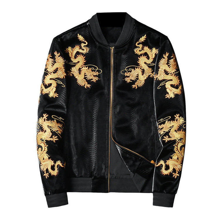 Dragon Year Men’s Jacket Gold Embroidered New Faux Leather Baseball Collar Size M, L, XL, 2XL, 3XL, 4XL