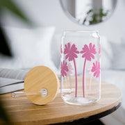 Sipper Glass with Lid Art Palm Tree Print in Bubblegum Pink 16oz