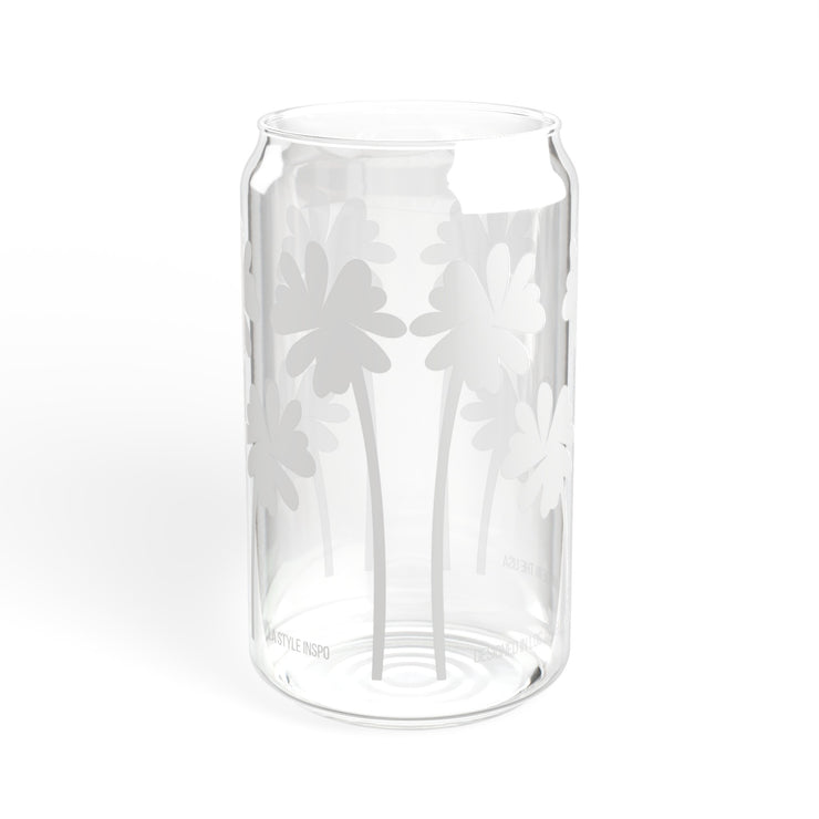 Sipper Glass with Lid Art Palm Tree Print in White Snow 16oz
