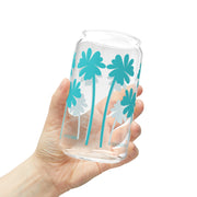 Sipper Glass with Lid Art Palm Tree Print in Blue Water 16oz