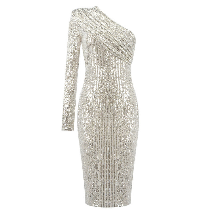 Effortlessly Dazzling Iced Glam One Shoulder Midi Dress in Gold, Silver, Black Size XS, S, M, L