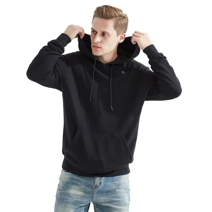 2024 New Outdoor Electric USB Heating Hoodie for Men in color White and Black. Size M, L, XL, XXL, 3XL