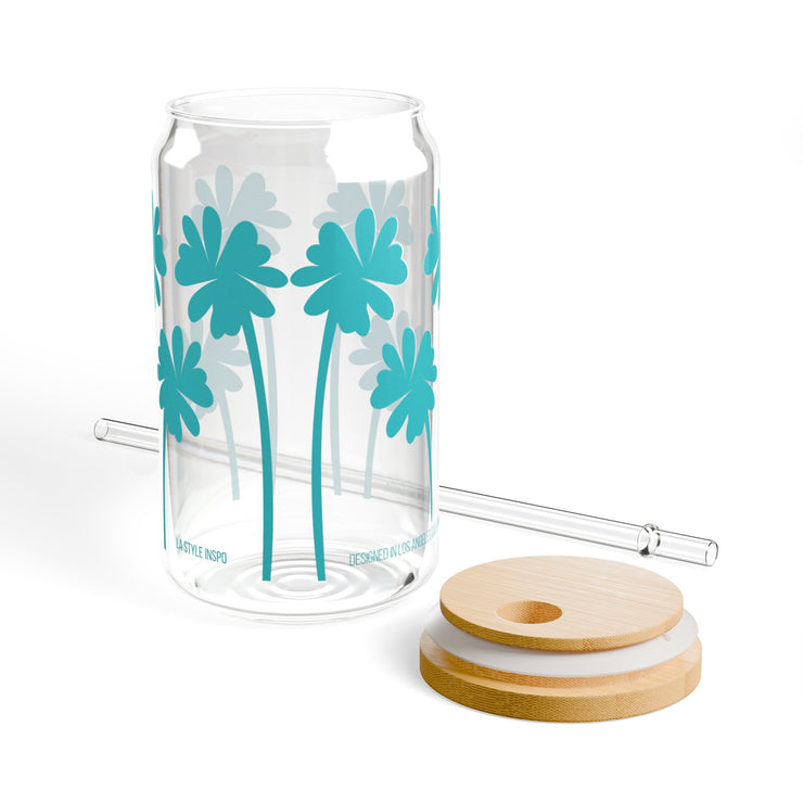 Sipper Glass with Lid Art Palm Tree Print in Blue Water 16oz
