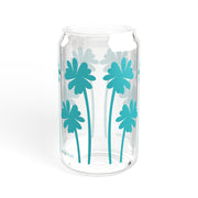 Sipper Glass with Lid Art Palm Tree Print in Blue Water 16oz