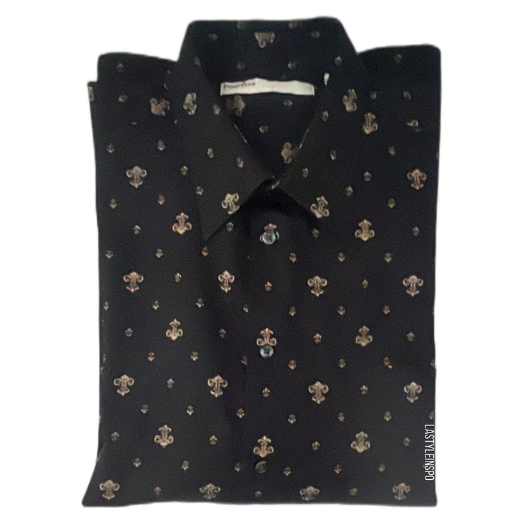 Perry Ellis Mens Shirt Black Fleur de Liz Print Size XL