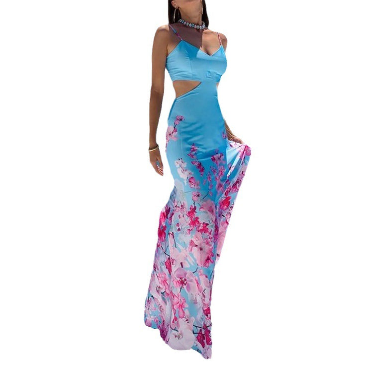 Mermaid Satin Cut Out Maxi Dress in Blue with Floral Bottom Size XS, S, M, L, XL, XXL