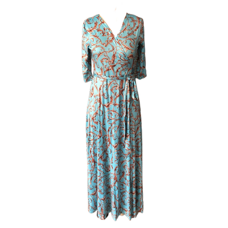 Malibu Duchesse Dream Maxi Dress Wrap V Neck Mid Sleeve in Mint Blue and Gold Size S, M, L, XL