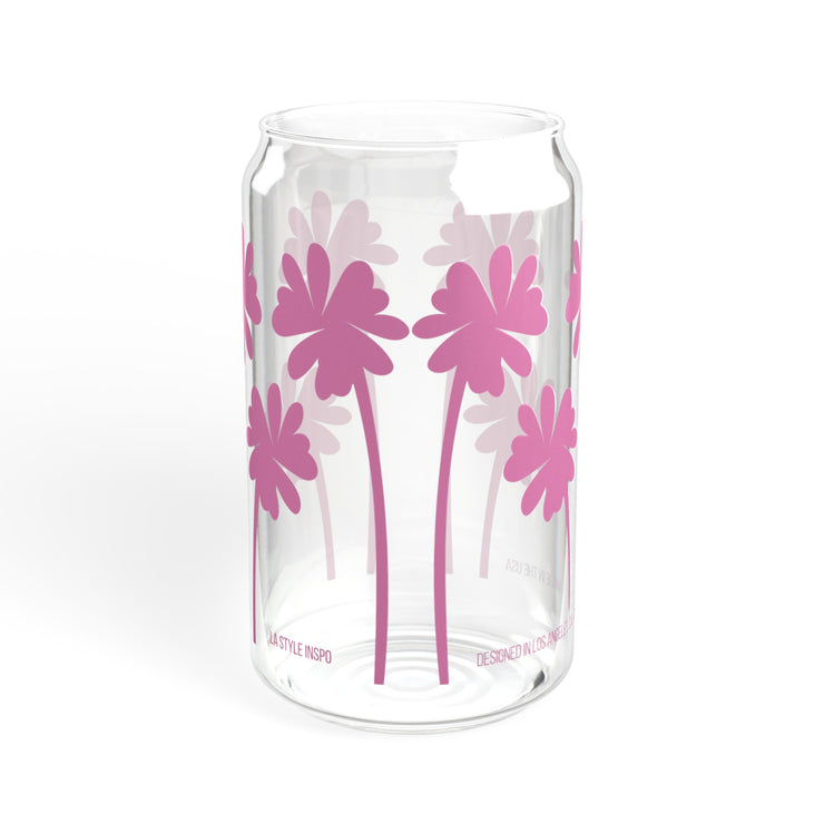 Sipper Glass with Lid Art Palm Tree Print in Bubblegum Pink 16oz