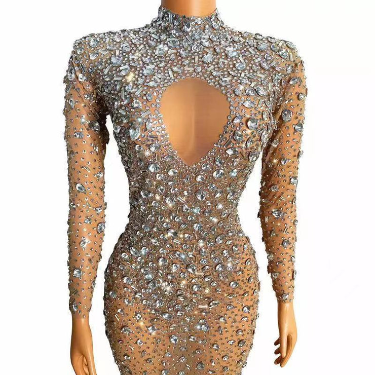 Gemstones Catwalk Award Maxi Dress Gown Ceremony Tassel Mesh Rhinestones Choker Cut Out in Gold Nude Size S, M, L, XL