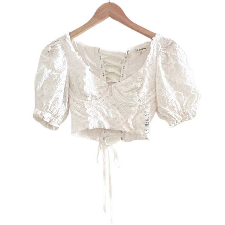 For Love And Lemons Sand Dollar Eyelet Lace-Up Cropped Top Blouse Puffy White Size XS