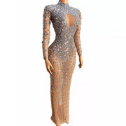 Gemstones Catwalk Award Maxi Dress Gown Ceremony Tassel Mesh Rhinestones Choker Cut Out in Gold Nude Size S, M, L, XL