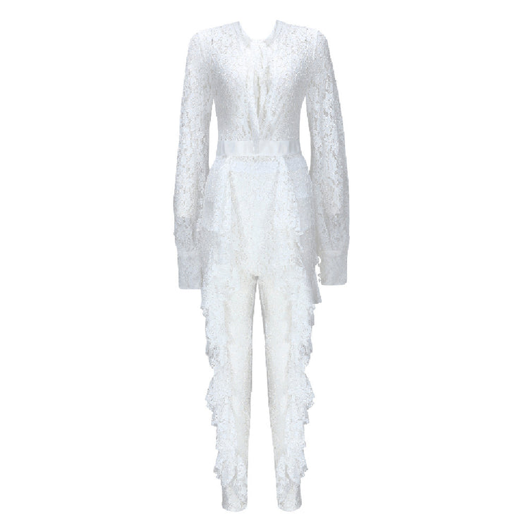 Lace Tie Jumpsuit Long Sleeved White Size S, M, L, XL