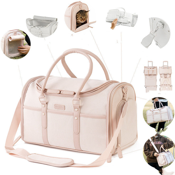 Le Brat Traveler Pets High End Portable Luxurious Pet Carrier Breathable and Foldable Bag in Grey White, Peachy Pink