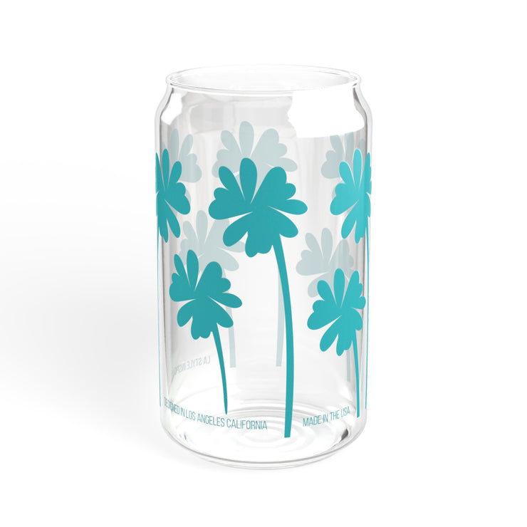 Sipper Glass with Lid Art Palm Tree Print in Blue Water 16oz