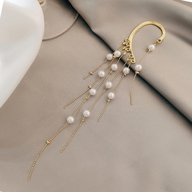 Pearl Goddess Gold Ear Clip Jewelry Tassel One Piece Long Earring 6.9”