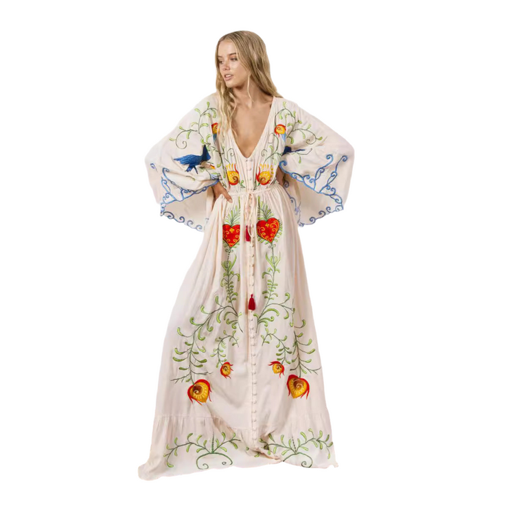 Boho Embroidered Hearts Maxi Dress Kimono Long Sleeved Tassel in White Size S, M, L, XL