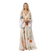 Boho Embroidered Hearts Maxi Dress Kimono Long Sleeved Tassel in White Size S, M, L, XL