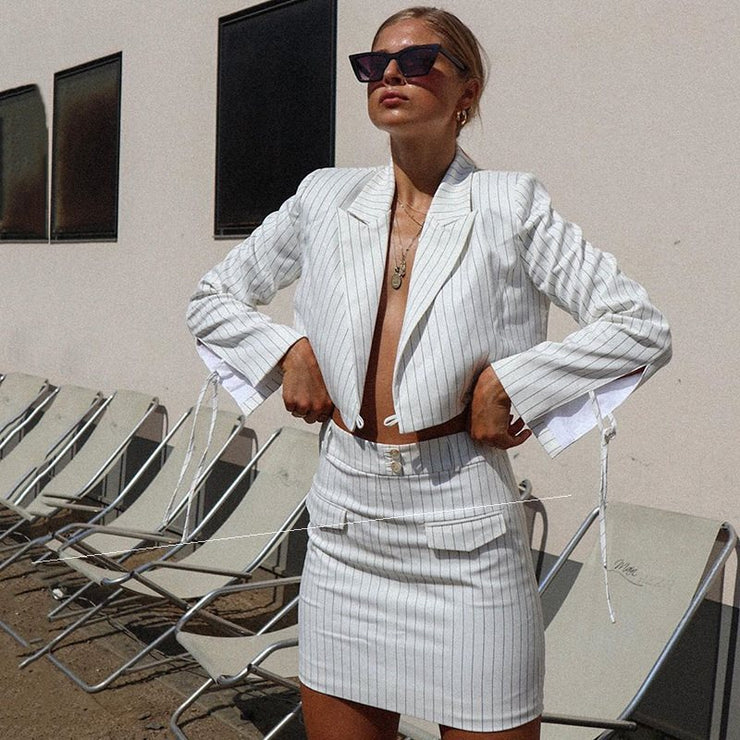 Spring Summer Blazer Outfit 2 PCS Striped blazer White Size S, M, L