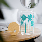 Sipper Glass with Lid Art Palm Tree Print in Blue Water 16oz