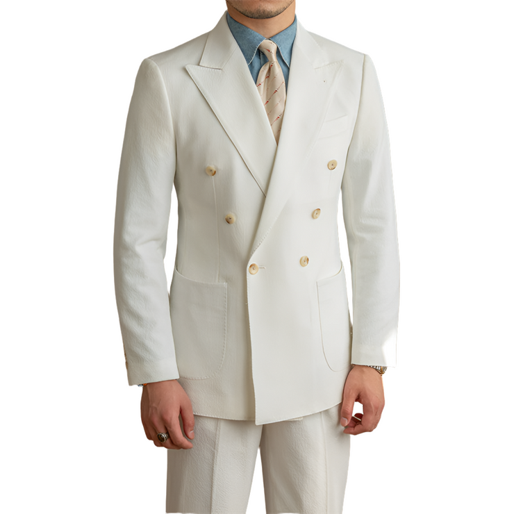 Men’s Seersucker White 2 Piece Suit Half-lined Double-breasted Jacket Size M, L, XL, 2XL, 3XL