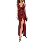 Classy Temptress Maxi Dress Gown Red Carpet Sequined Slit V Neck Party Dress in Gold / Red