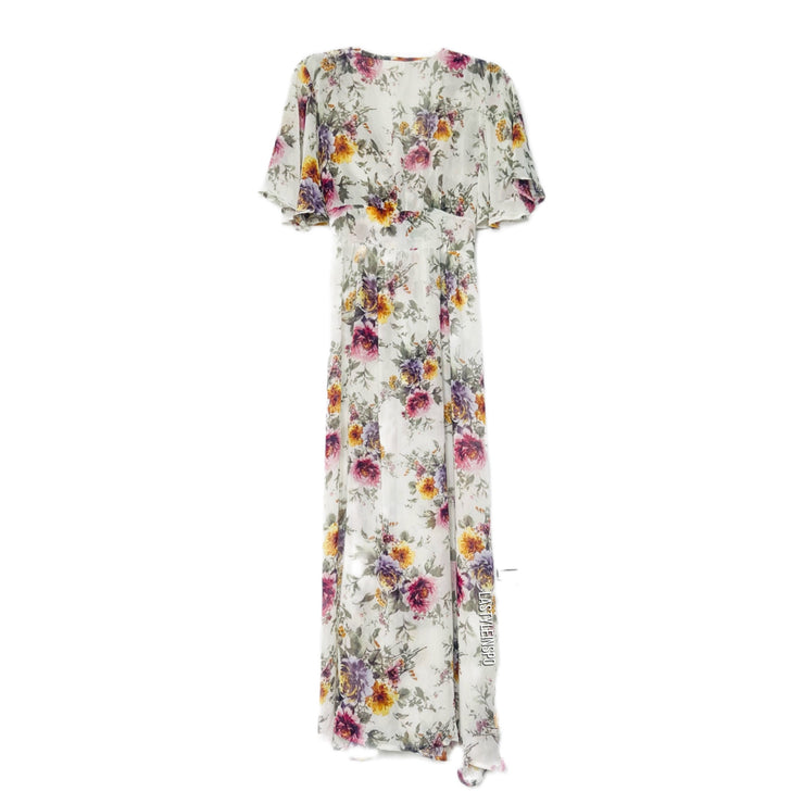 Allie Rose White Maxi Dress Floral Front Open Bow Size Medium
