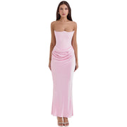 Outcast Heiress Deep Wavy Bustier Satin Bandeau Glamorous Maxi Dress in Color Red, Black, Pink, Ivory White, Taupe Size XS, S, M, L