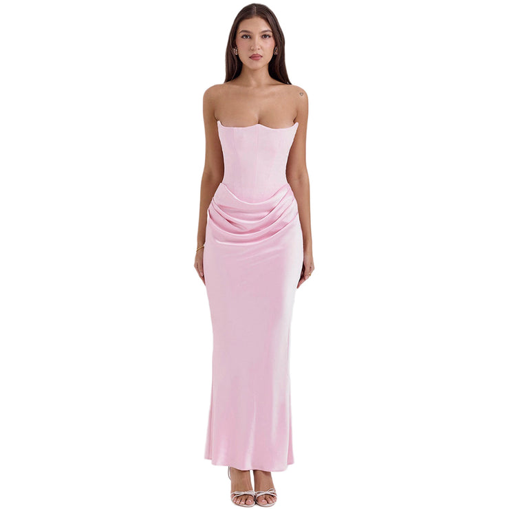 Outcast Heiress Deep Wavy Bustier Satin Bandeau Glamorous Maxi Dress in Color Red, Black, Pink, Ivory White, Taupe Size XS, S, M, L