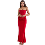 Outcast Heiress Deep Wavy Bustier Satin Bandeau Glamorous Maxi Dress in Color Red, Black, Pink, Ivory White, Taupe Size XS, S, M, L