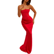 Outcast Heiress Deep Wavy Bustier Satin Bandeau Glamorous Maxi Dress in Color Red, Black, Pink, Ivory White, Taupe Size XS, S, M, L