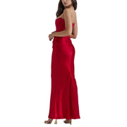 Outcast Heiress Deep Wavy Bustier Satin Bandeau Glamorous Maxi Dress in Color Red, Black, Pink, Ivory White, Taupe Size XS, S, M, L