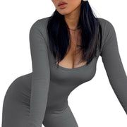 Women's Yoga Fitness Outfit Jumpsuit Workout Long Sleeve Squared Collar One Piece Suit Size S, M, L, XL, 2XL
