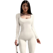 Women's Yoga Fitness Outfit Jumpsuit Workout Long Sleeve Squared Collar One Piece Suit Size S, M, L, XL, 2XL