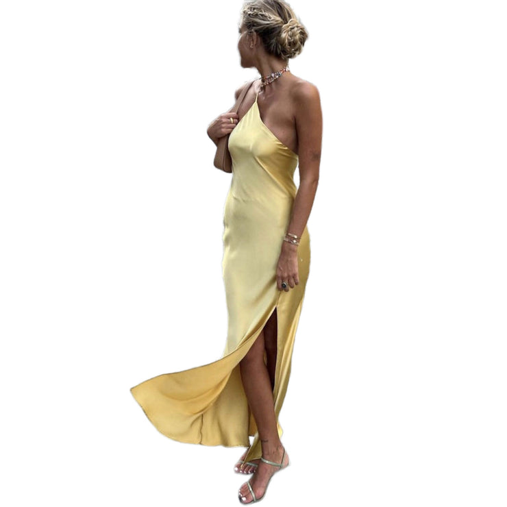 French Riviera Yellow Satin Maxi Dress Senior Sense Backless Holiday Size XS, S, M, L