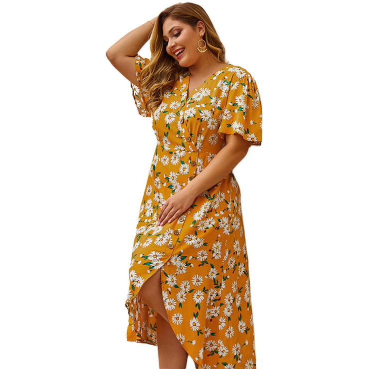 Floral Midi Dress Long Bell Sleeves in Yellow and Royal Blue Plus Size XL, XXL, 3XL, 4XL