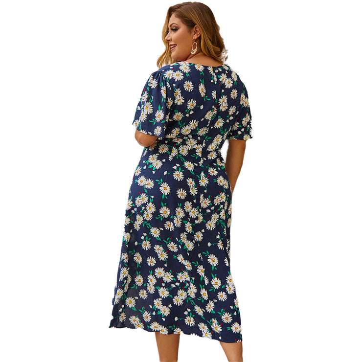 Floral Midi Dress Long Bell Sleeves in Yellow and Royal Blue Plus Size XL, XXL, 3XL, 4XL