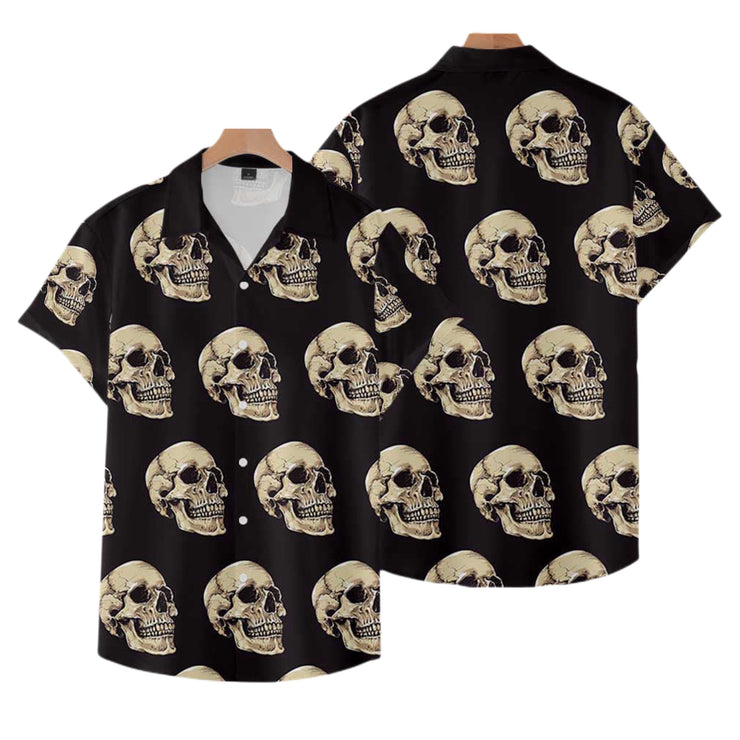 Mens Edgy Summer Short Sleeve Shirt Skull Print in Beige Black Plus All Sizes Available: S, M, L, XL, XXL, 3XL, 4XL, 5XL, 6XL