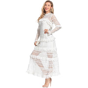 Boho Laced Maxi Dress Long Sleeved Mini Ruffles Color White Size S, M, L, XL, XXL, 3XL
