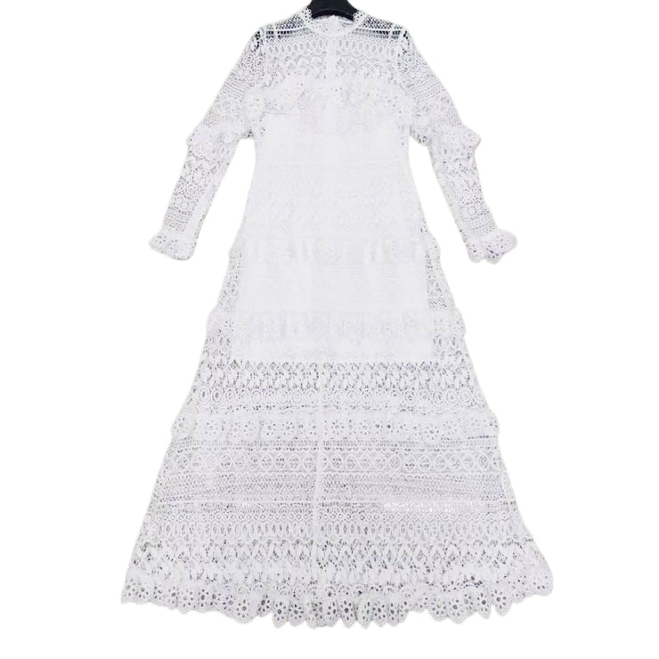 Boho Laced Maxi Dress Long Sleeved Mini Ruffles Color White Size S, M, L, XL, XXL, 3XL