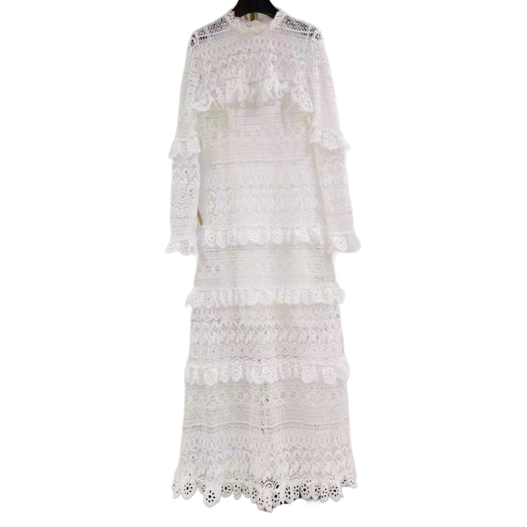 Boho Laced Maxi Dress Long Sleeved Mini Ruffles Color White Size S, M, L, XL, XXL, 3XL