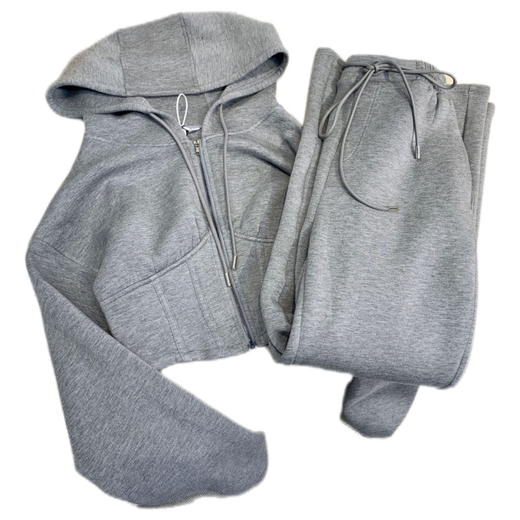 Cotton Hooded Sweatshirt and Pants Casual Sportswear Set Gray Solid Size XS, S, M, L