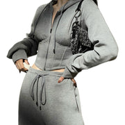 Cotton Hooded Sweatshirt and Pants Casual Sportswear Set Gray Solid Size XS, S, M, L