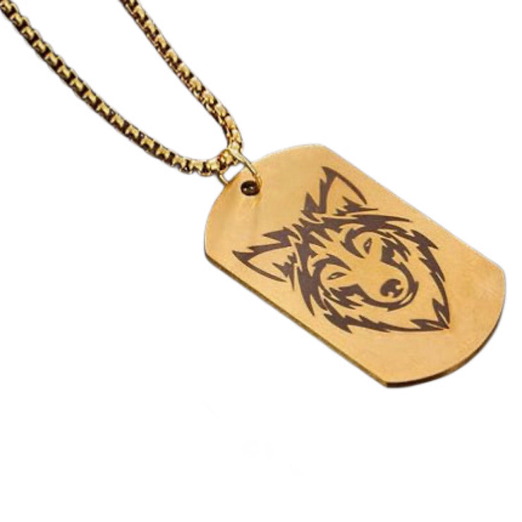 Stainless Steel Men Jewelry Simple Double Side Wolf Head Titanium Steel Necklace Silver, Gold, Oil-Slick