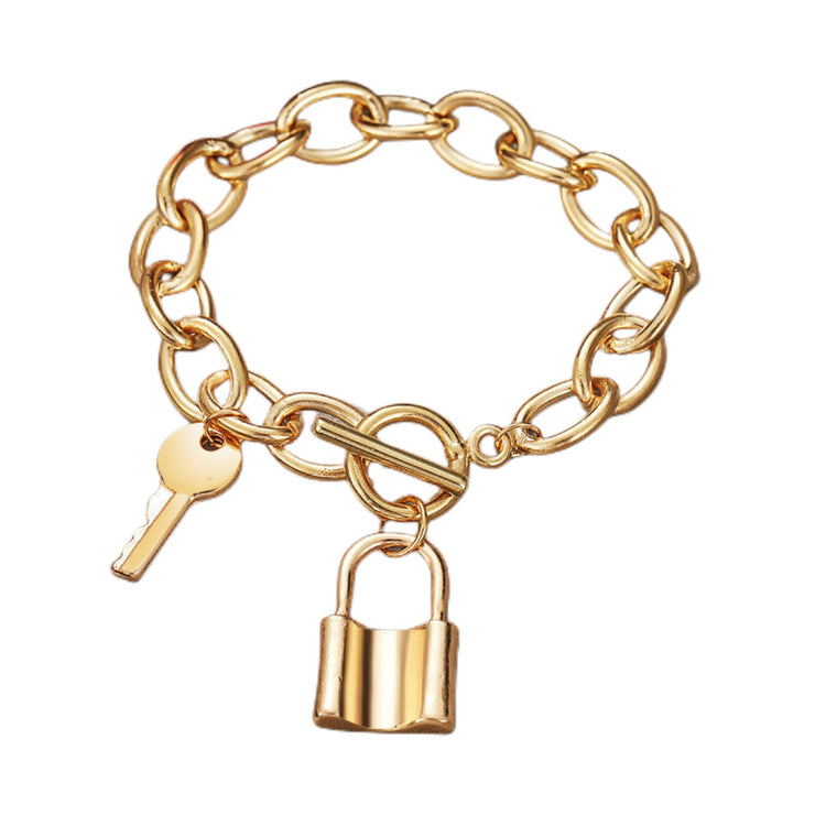 Thick Chain Charms Key & Lock Pendant Anklet Gold Bracelet for Knowledge, Success and Safety
