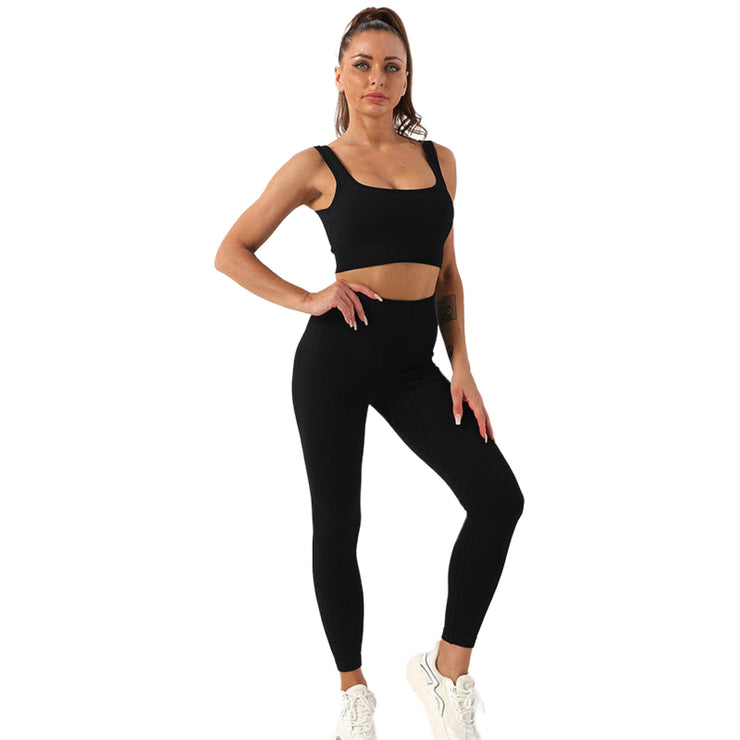 Leggings Set 2 PCS Thread Yoga Suit Squared Neck Sports Bra And Butt Lifting High Waisted Yoga Pants Size S, M, L