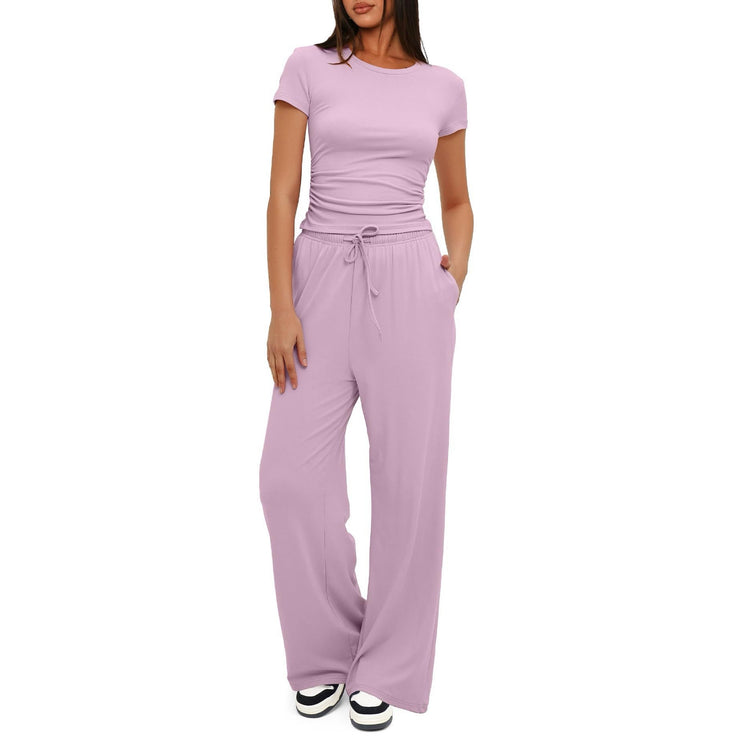 Sporty Pants Yoga Set 2 PCS Short Sleeved Top And High Waisted Drawstring Wide-leg Pants Size XS, S, M, L, XL, XXL