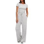 Sporty Pants Yoga Set 2 PCS Short Sleeved Top And High Waisted Drawstring Wide-leg Pants Size XS, S, M, L, XL, XXL