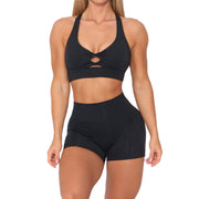 Women's Yoga Set 2 PCS Cut Out Back Crossover Sporty Bra with Shorts Athleisure in Black Size S, M, L