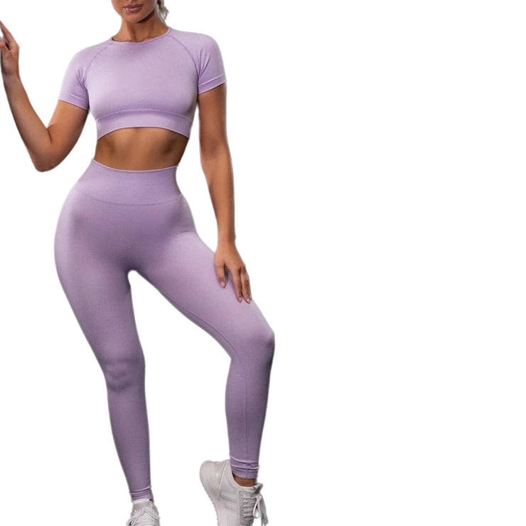 Seamless Yoga Sport Set Full Leggings and Short Sleeve Top Color Beige, Soft Pink, Purple, Orange, Grey, Blue Size S, M, L