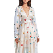 Bohemian Star Embroidered Maxi Dress Long Sleeve Cotton in White, Black Size S, M, L, XL